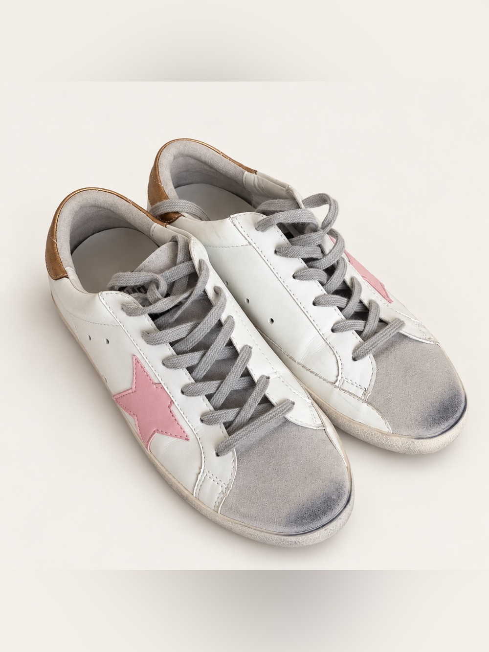 Golden Goose White Leather Sneakers with Pink Star and Gray Suede Accents